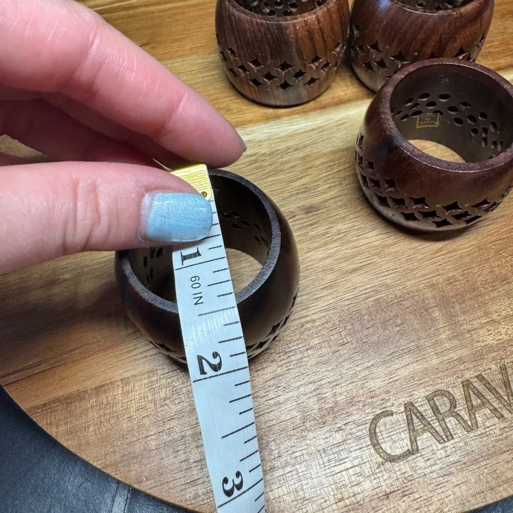 Set of 4 Hand Carved Wooden Napkin Rings Dark Wood Boho Inlay Made in India